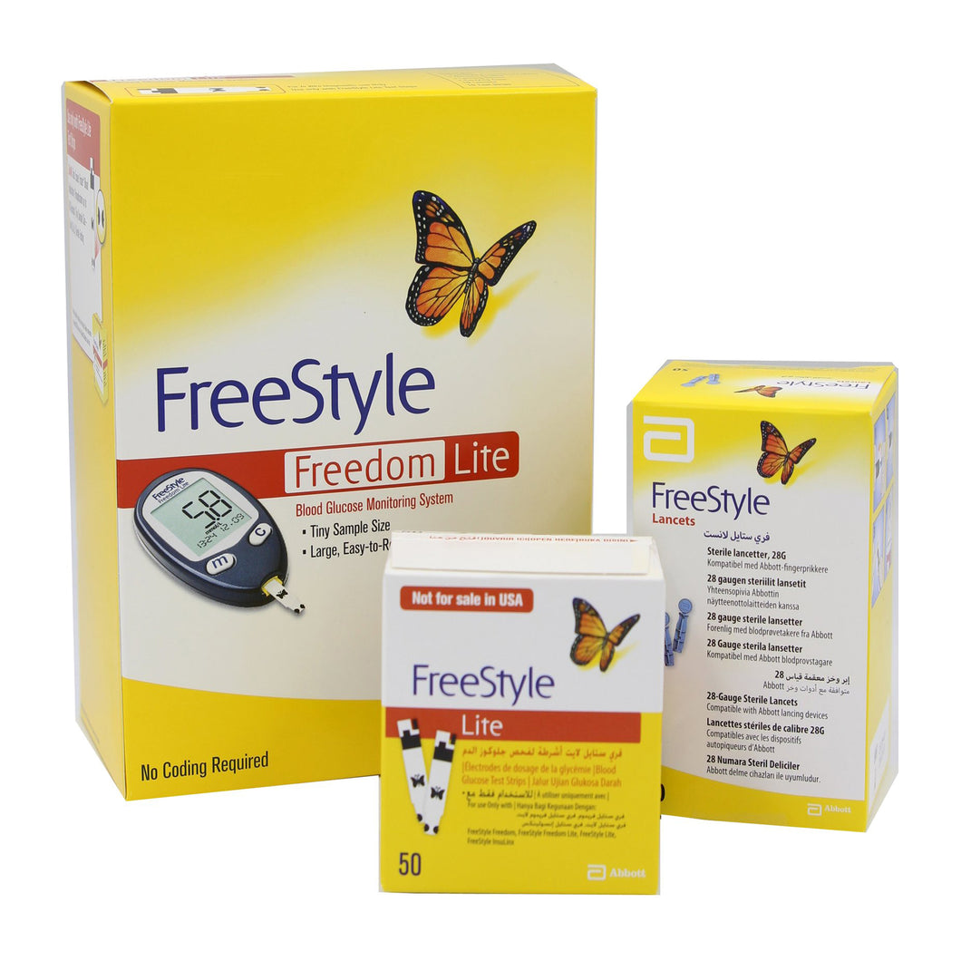 Free Style Lite Glucose Meter + strips box + lancets box | فري ستايل فريدوم لايت (مليمول/لتر) جهاز فحص السكر بالدم + علبة أشرطة + علبة إبر وخز